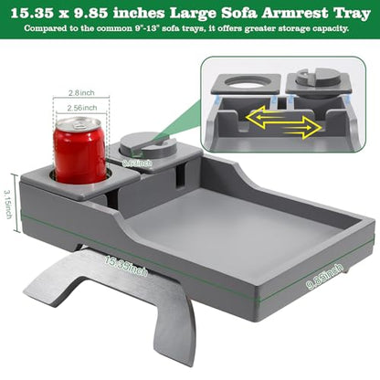 GHKINMAL Couch Cup Holder, 4-in-1 Side Couch Arm Tray with Phone Holder, Sofa Clip on Side Table for Wide Couches Arm, Suitable for Home Drinks/Remote/Snacks-Grey - color: Gray