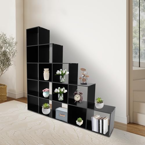 5-Tier Stepped Bookshelf, 15 Cube Storage Organizer Floor Standing Storage Shelf Modern Open Bookshelf for Home and Office (Black) - size: 15 Cube L-Shaped Black