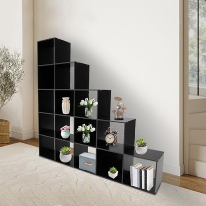 5-Tier Stepped Bookshelf, 15 Cube Storage Organizer Floor Standing Storage Shelf Modern Open Bookshelf for Home and Office (Black) - size: 15 Cube L-Shaped Black