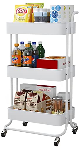 Sooyee 3 Tier Utility Cart,Rolling Cart with Handle and Lockable Wheels, Multi-Functional Storage Cart for Office, School,Living Room, Kitchen, Bathroom, Bedroom,Laundry, White - color: White, size: Wide 3 Tier 2