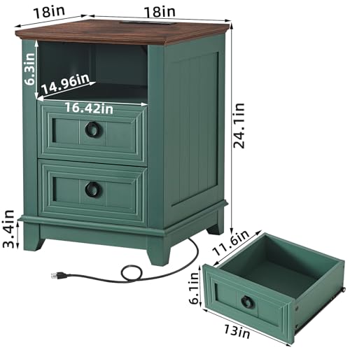 Joaxswe 18" Farmhouse Night Stand with Charging Station, 2 Drawers Bedside End Table, Green Wooden Nightstand, Bed Side Table Cabinet with Open Shelf for Bedroom Living Room Office - color: Green Set 1, size: 2 Drawers
