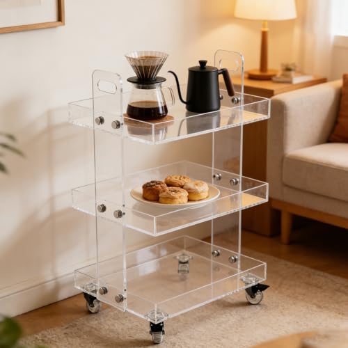 3-Tier Acrylic Utility Rolling Cart,Clear Multifunction Storage Organizer on Wheels Mobile Trolly Side Table for Home Kitchen Bathroom Living Room,Narrow Space Snack Cart