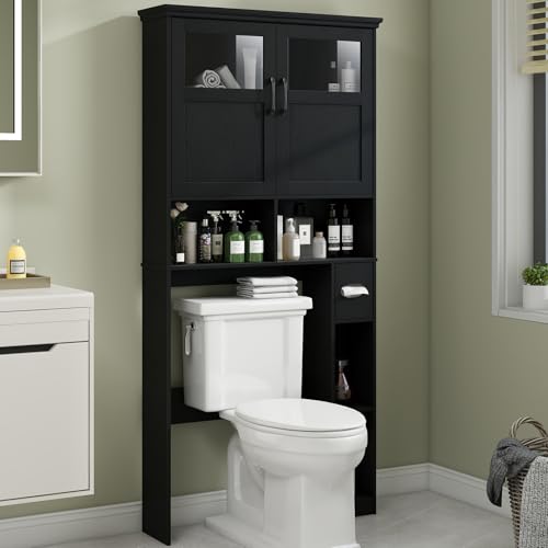 Vabches Over The Toilet Storage Cabinet with Doors & Paper Holder, Black | Freestanding Toilet Shelf Space Saver with Anti-Tip Design & Adjustable Shelf or Restroom, Bathroom, Laundry - color: Black, size: W33.03''