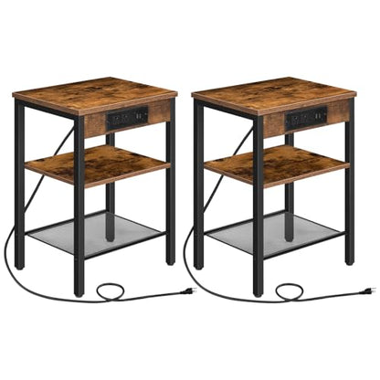 HOOBRO Side Tables Set of 2 with Charging Station and USB Port, Small End Tables for Small Space, 3-Tier Nightstands with Adjustable Shelf, for Living Room, Bedroom, Rustic Brown BF112BZP201 - color: Rustic Brown + Black