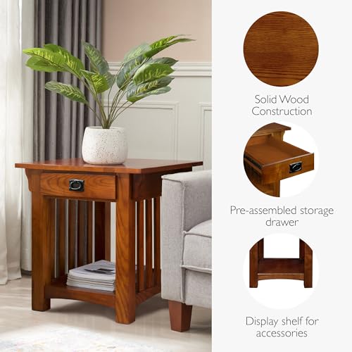 Leick Home Mission End Table, Solid Wood Construction, 1 Storage Drawer, Bottom Display Shelf, Slatted Sides, Easy-Assembly, Medium Oak, 25.0 in. W x 22.0 in. L x 23.0 In. H, 8207 - color: Medium Oak