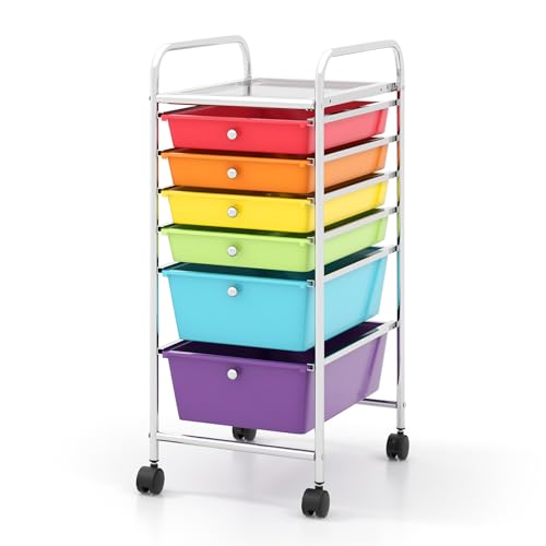 COSTWAY 6-Drawer Rolling Storage Cart, Art Craft Tools Organizer on Wheels | Multifunctional Heavy Duty Utility Mobile Storage Trolley w/ 2 Lockable Wheels for Home Office School (Multi-color) - color: Multicolor, size: 6 Drawer