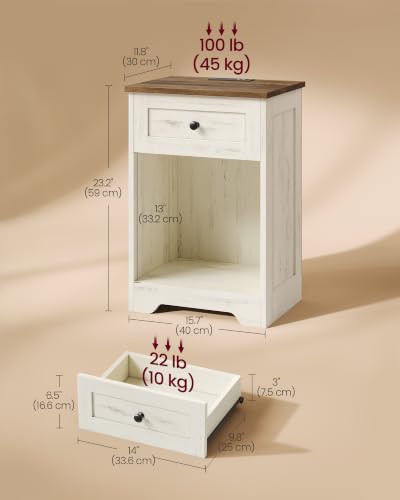 VASAGLE Traditional Basic Nightstand with Charging Station, Wood End Table with 1 Drawer and Open Shelf, 15.7 x 11.8 x 23.2 in, Cloud White and Warm Brown, for Bedroom, Siren Collection ULET828WJ01S - color: Cloud White + Warm Brown, size: 2 pack