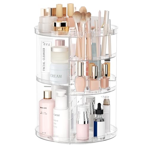 Rotating Makeup Organizer, DIY 8 Adjustable Layers Spinning Skincare Storage, Cosmetic Display Case with Brush Holder and Perfume Tray, Multi-Function Vanity Bathroom Countertop Organizer Clear - color: Clear