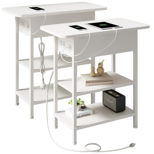 End Table with Charging Station, Flip Top Side Table with Storage, White | Equipped with USB Ports and Outlets, Nightstand for Small Spaces, Bedside Tables for Living Room, Bedroom - color: White, size: Pack of 2