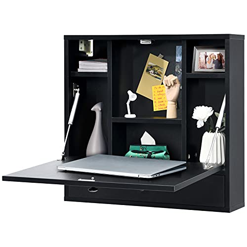 COSTWAY Wall-Mounted Computer Desk, Floating Desk with Storage Drawer & Shelves, Fold-up Desktop & Pneumatic Springs, Ideal for Home, Office, Dormitory, Small Spaces (Black) - color: Black
