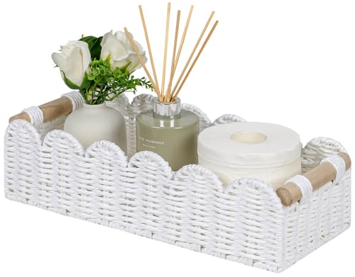 CubesLand Scalloped Toilet Paper Storage Basket W/Handle for Home Decor | Handwoven Toilet Organizer Basket for Countertop, Over Toilet Shelf, End Table, Living Room Cozy Decorative & More, White - color: White, size: m - 14 X 6.3 X 3.9in