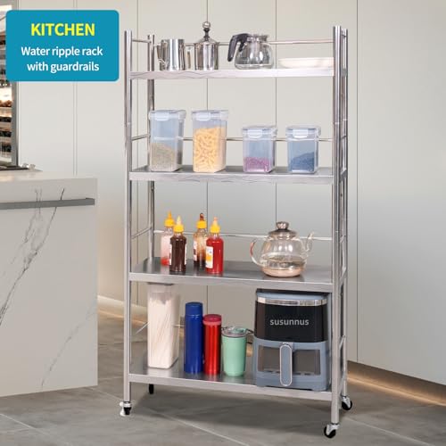 susunnus Stainless Steel Shelf,Shelves for Storage,Metal Shelf,Kitchen Garage Shelves, with Wheels,Rolling Shelves,Adjustable Height,Weight Capacity 350LB (27.6in*10.2in-4T with guardrails) - size: 27.6in*10.2in-4T