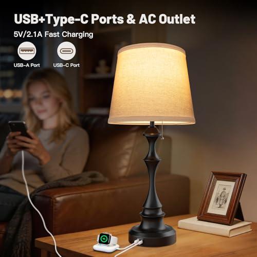 EppieBasic 22" Farmhouse Bedside Table Lamps Set of 2 with 3-Way Dimmable | with USB-C+A Charging Ports, Rustic Pull Chain Switch, Beige Linen Shade, for Bedroom, Living Room, Nightstand - style: XT-01