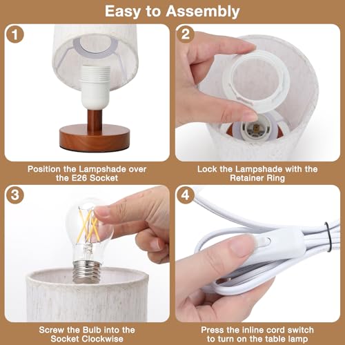 Fenmzee Small Table Lamp for Bedroom - Inline Control, Bedside Lamp with 3000K A15 LED Blub, Easy Assembly (Cream Shade - Walnut Base, 9" Inline Control) - color: Cream Shade - Walnut Base