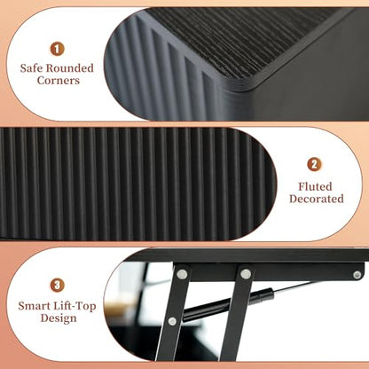 LYNCOHOME Fluted Coffee Table with Hidden Compartment, Wood Lift Top Coffee Tables, Modern Center Table for Living Room, Home Office, Black - color: Black, size: 18.9''D x 37.4''W x 16.2''H