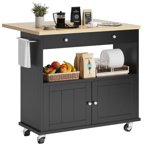 Rolling Kitchen Island with Folding Drop Leaf Breakfast Bar, 35.4'' W Kitchen Cart with Storage Cabinet and 2 Drawers, Portable Mobile Kitchen Island Table with Towel Rack, Lockable Wheels, Black - color: Black, size: Drop Leaf