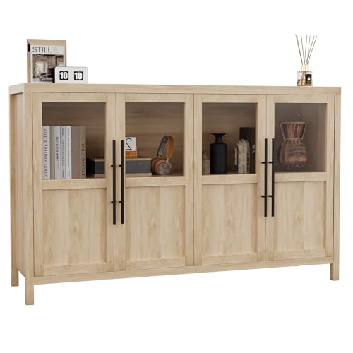 GarveeHome Sideboard Buffet Cabinet with 4 Glass Doors, 55 in Buffet Table Coffee Bar Wine Bar Display Cabinet for Kitchen Dining Room, Living Room (Glass with 4 Doors, Natrual) - color: Natrual, style: Glass with 4 Doors