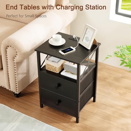 AMHANCIBLE Nightstands Set of 2, Large Night Stand with Charging Station | Bedside Table with 2 Fabric Drawers, End Side Tables Living Room, with Open Shelf, USB Ports Outlets, for Bedroom, Black - color: Black