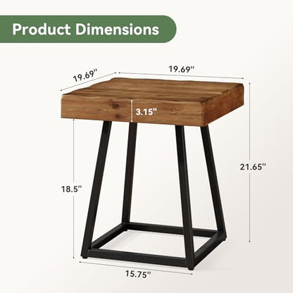 Solid Wood End Table, 19.7" Square Side Table with Metal Frame, Industrial Nightstand for Living Room, Bedroom, Small Spaces