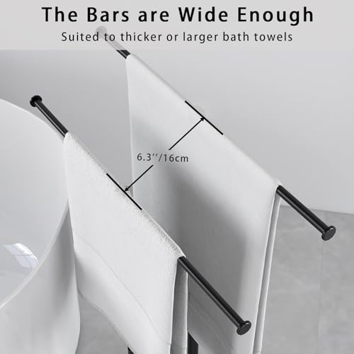 Free Standing Towel Racks Matte Black 2-Tier Towel Holder for Bathroom Floor Stand with Heavy Marble Base Thicken Steady Design Stainless Steel