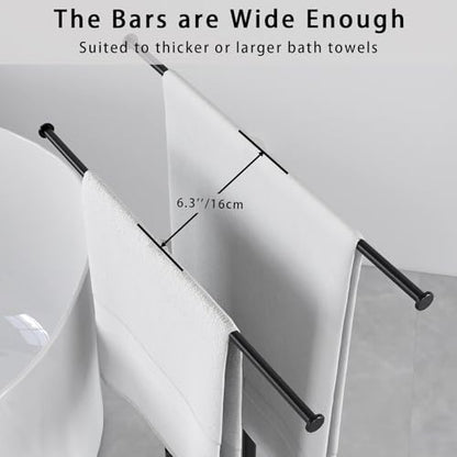 Free Standing Towel Racks Matte Black 2-Tier Towel Holder for Bathroom Floor Stand with Heavy Marble Base Thicken Steady Design Stainless Steel