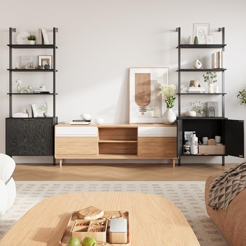 INNOD 74" Tall Bookshelf with Storage Cabinet, Modern Ladder Shelf with Wood and Metal Frame, Wall Mount Bookcase Open Display Shelf Furniture for Living Room, Bedroom, Home Office，Black - color: Black