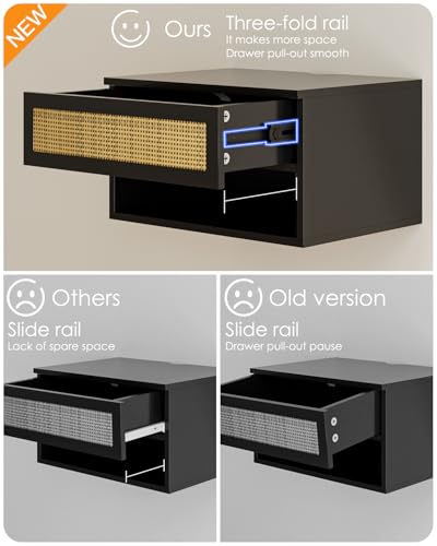 Floating Nightstand With Drawer - Small Modern Shelves for Bedroom, Bathroom (Black Rattan) - color: Black Rattan