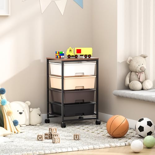 SYKIARIOL Utility Cart with 4 Drawers, Brown | Rolling Storage Cart with Drawers, Storage Rolling Drawer Cart - color: Dark Brown