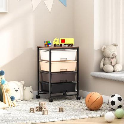 SYKIARIOL Utility Cart with 4 Drawers, Brown | Rolling Storage Cart with Drawers, Storage Rolling Drawer Cart - color: Dark Brown