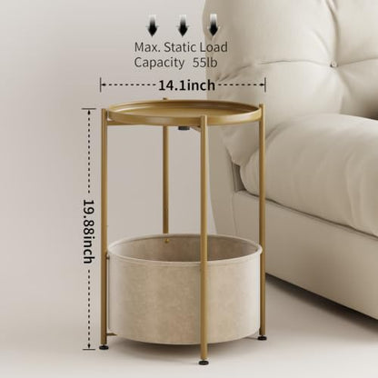 Small Round Side Table with Felt Storage Basket and Removable Tray | Accent Table, Metal End Table with Adjustable Feet, Side Table for Nursery, Bedroom, Living Room, Laundry Room, Gold - color: Gold
