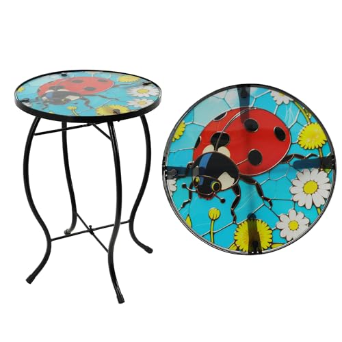 Small Side Table with Metal Frame, 10.5" Round Side Tables with Seven-Spotted Ladybug Pattern,Outdoor Table for Balcony,Terrace,Garden,Living Room - color: Seven-spotted Ladybug