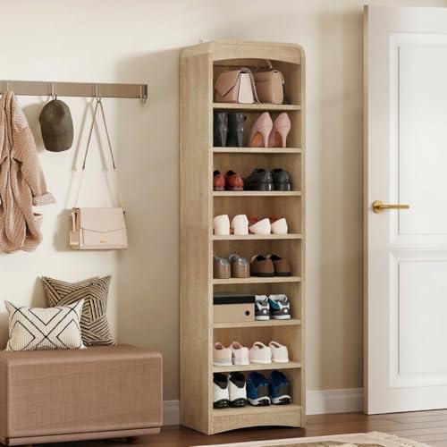 Tall Shoe Cabinet 8-Tier with Adjustable Shelves, Natural | Freestanding Shoes Organizer Cabinet for Entryway, Hallway, Living Room - color: Natural