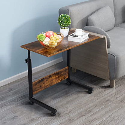 Karl home Mobile Side Table 31.5 Inch Computer Desk with Wheels Height Adjustable Rolling Potable Laptop Cart, C-Shaped Bed Couch End Tables with Edge Stopper for Livingroom Bedroom, Rustic Brown - color: Rustic Brown, size: 31.5"+No Power Sockets