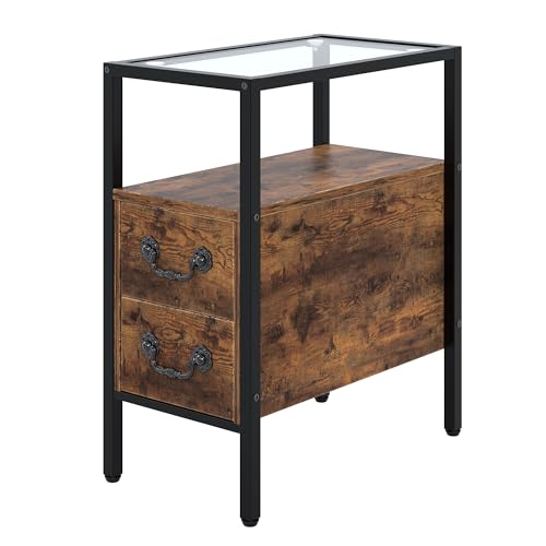 VECELO Narrow Side Table, Night Stand Sofa Table with Glass Top,Bedside End Tables with Storage Drawers,Wood Nightstand for Small Spaces Living Room Bedroom,Brown - color: Classic Brown, size: 1 pack