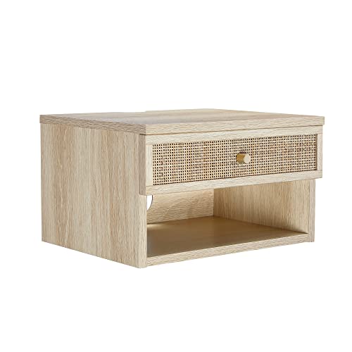 Nathan James Jackson Wall Mounted Rattan Floating Bedroom Nightstand with Storage Drawer and Modern Open Shelf Cubby, Light Oak/Rattan - color: Light Oak/Rattan, size: 1
