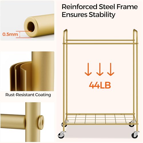 90L Laundry Hamper with Wheels, Laundry Basket with Handle and Liner Bag | Lockable Casters; Reinforced Frame; Breathable Fabric; Space-Efficient Design - color: Golden+White, size: 90L-1 Section