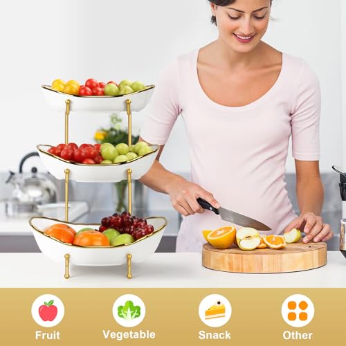 3-Tier Ceramic Fruit Bowl, Modern Fruit Basket for Kitchen Countertop, Tiered Fruit Display Stand with Gold Metal Stand, Non-Slip & Chip-Resistant, Dishwasher Safe (Gold&White) - color: Gold&White