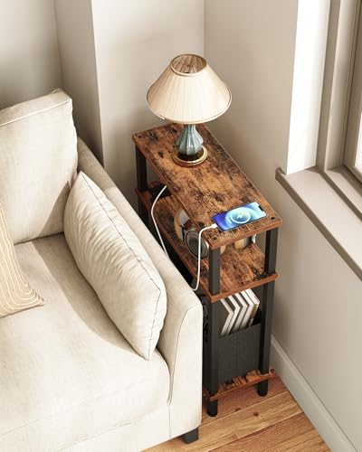 CHOEZON Narrow Side Table with Charging Station, Skinny End Table with Fabric Basket, Slim Nightstand for Small Spaces, Small Side Table, for Living Room, Bedroom, Rustic Brown and Black TBZ07UBF - color: Rustic Brown + Black