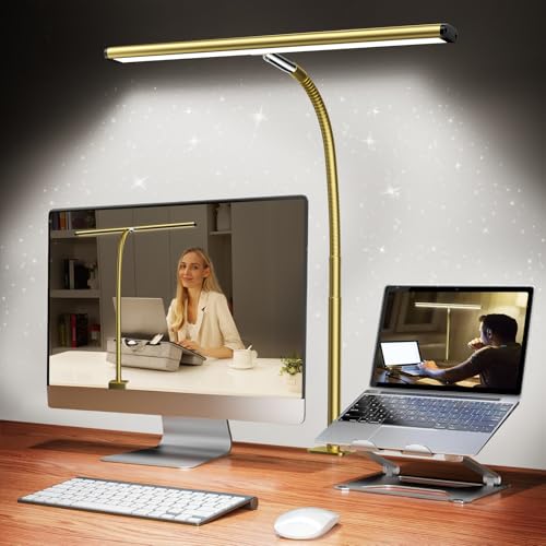 Airlonv LED Desk Lamp for Office Home, Eye-Caring Desk Light with Stepless Dimming Adjustable Flexible Gooseneck, 10W USB Adapter Desk Lamp with Clamp for Reading, Study, Workbench (Gold) - color: Gold, size: Standard