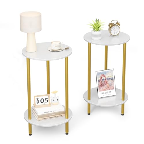 Round Side Table Set of 2, White Round End Table, 2-Tier Modern Accent Table, Small Bedside Table for Living Room-White - color: White, size: 2PC