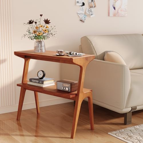 Solid Wood End Table, 2-Tier Side Table with Storage Shelf, Wooden Modern Accent Slim Bedside Table for Sofa, Living Room, Bedroom, Small Space, Easy Assembly, Cherry - color: Cherry