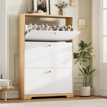 Nicetree Shoe Storage Cabinet for Entryway, Modern Shoe Cabinet, Freestanding Shoe Rack Cabinet, Hidden Shoe Dresser for Hallway,Foyer, Natural Oak and White - color: Natural Oak and White, style: 3-Drawers