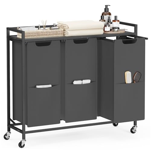 VASAGLE Laundry Sorter, 43.5 Gal. (165 L) Laundry Hamper Basket with 3 Compartments, Rolling Cart with Wheels, Shelf, Removable Bags, Pockets, Slate Gray and Charcoal Gray UBLH031G01 - color: Slate Gray + Charcoal Gray, size: 3 Bags - 165 L