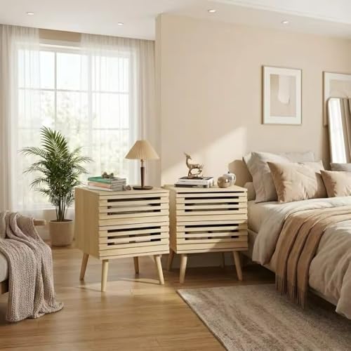 weselon Small Nightstand Set of 2, Boho End Tables with 2 Storage Hollowed-Out Drawers, Bedroom Bedside Table Storage Side Table for Bedroom Living Room (2, Natural Oak)