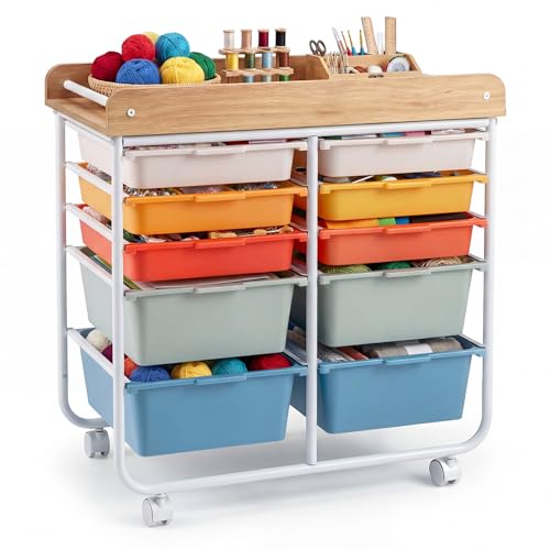 GOFLAME 10-Drawer Rolling Storage Cart, Craft Storage Cart with Wooden Tabletop, Lockable Wheels & Handles, Art Cart Supply Storage Organizer with Metal Frame for Home Office Classroom, Macaron Color - color: Macaron Color, size: 10 drawer wood top-25.5"x