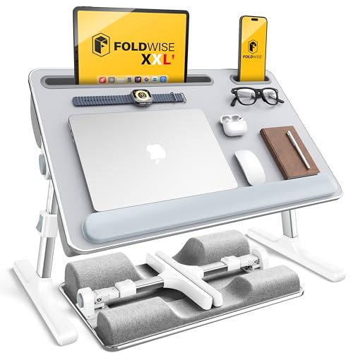 FoldWise 2-in-1 Lap & Bed Desk with Soft Cushions - Adjustable Height & Angle, Foldable Laptop Stand for Bed & Couch - Wrist Rest, iPad Holder, Stopper & Non-Slip Leather - Bed Table for Adults & Kids - color: Gray