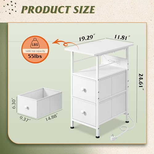 WLIVE Nightstand Set of 2 with Charging Station, End Table Sets with LED Lights, 2 Fabric Drawers and Open Shelf, Bed Side Tables Living Room, Small Space, Night Stand for Bedroom，White - color: White, size: 2 Drawers