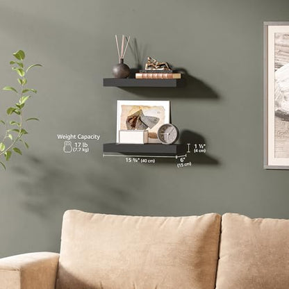 Ballucci Floating Shelves, 2-Pack 16" Wood Wall Shelf Set with Invisible Brackets for Bathroom, Living Room, Bedroom, Kitchen, Nursery, 6" Deep, Black - color: Black, size: 15.8 in (1.5)