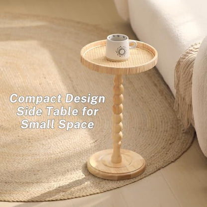 Small Side Table，Rattan Round Drink Tables for Small Spaces, Boho Circle Accent Table Coffee Table with Solid Wood Leg for Living Room, Pedestal Table for Bedroom, Corners - size: High: 21.4", style: Boho side table B