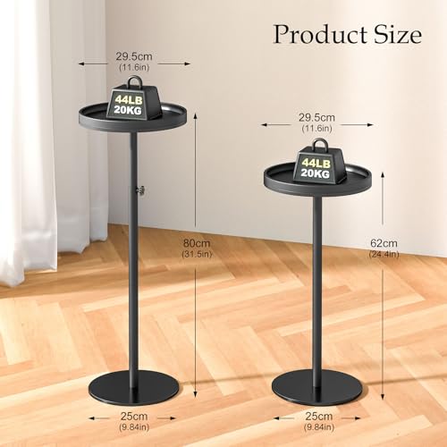 Height Adjustable Drink Table, Small Round Side Table, Weighted Martini Pedestal Tables for Small Spaces, Living Room, Bedroom, Sofa Couch, Office, Black - color: Black
